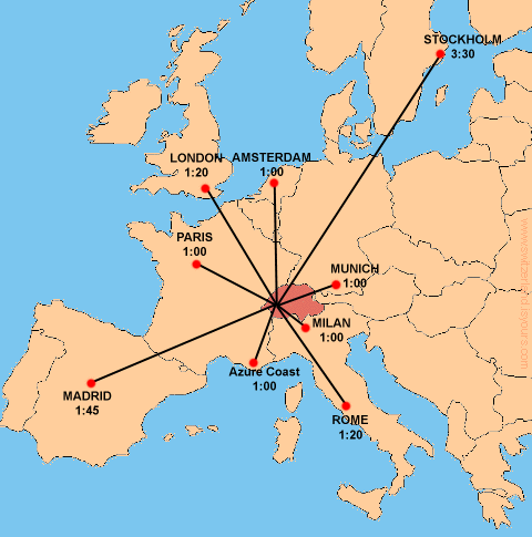 Distanze in aereo dalla zona di Ginevra a diversi punti d'Europa (24 KB)